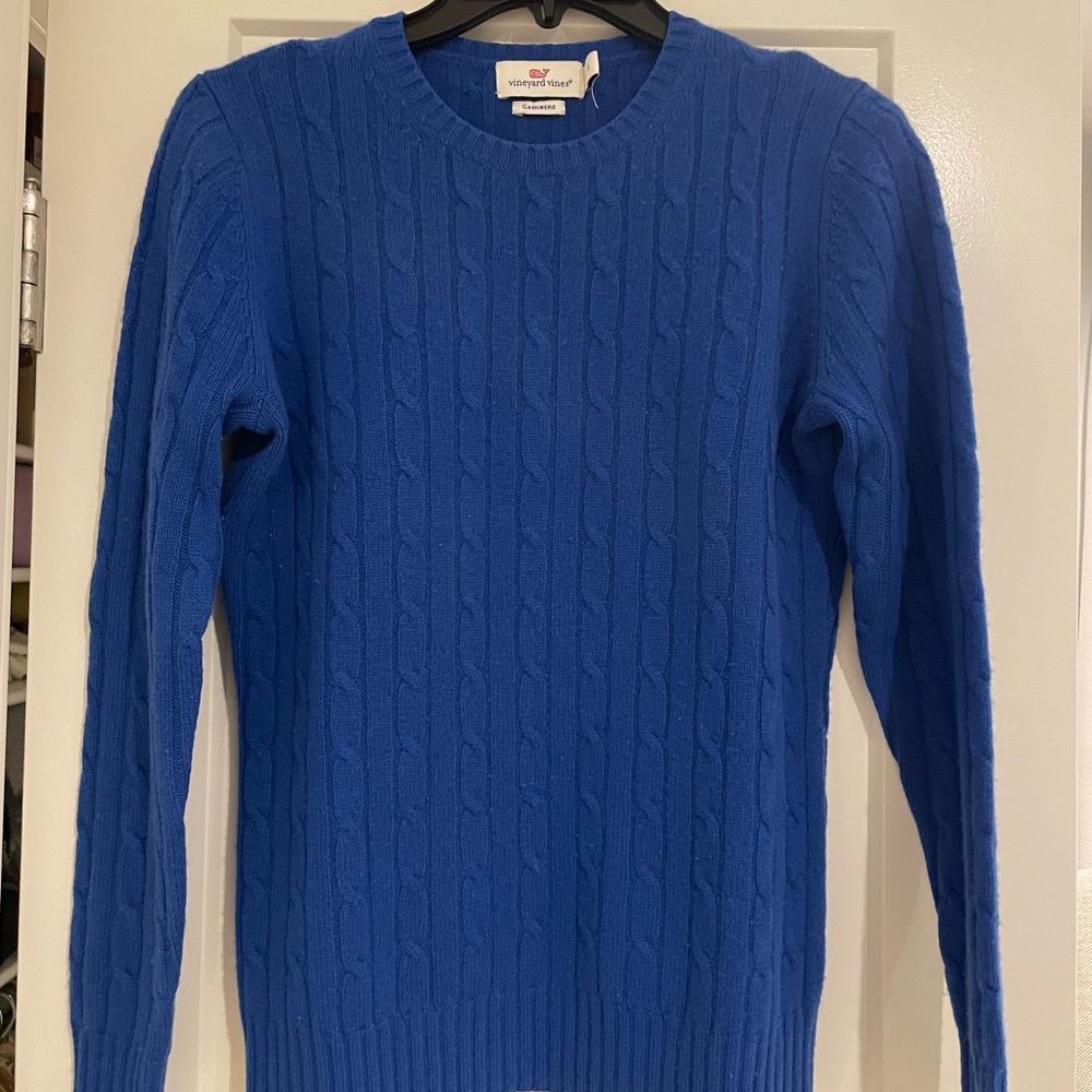 Royal blue cashmere cableknit sweater.